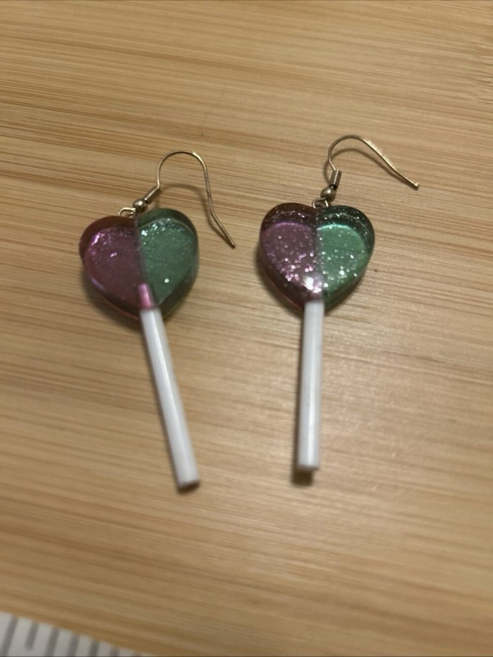 Handmade Love Candy Green Purple Heart Lollipop Charm Earrings Cute Fun Girls